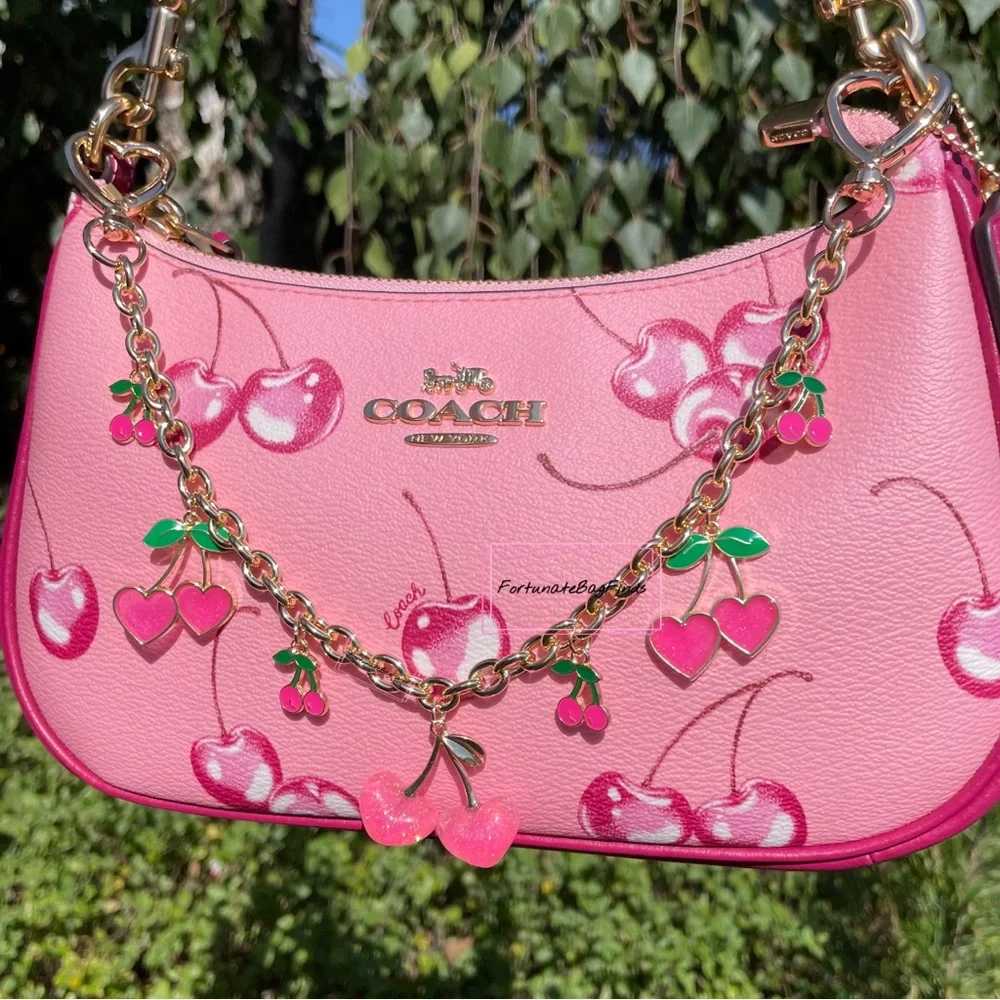 Hot Pink Glitter Heart Cherry Bag Charm Chain Novelty Purse Strap Cherries Charm